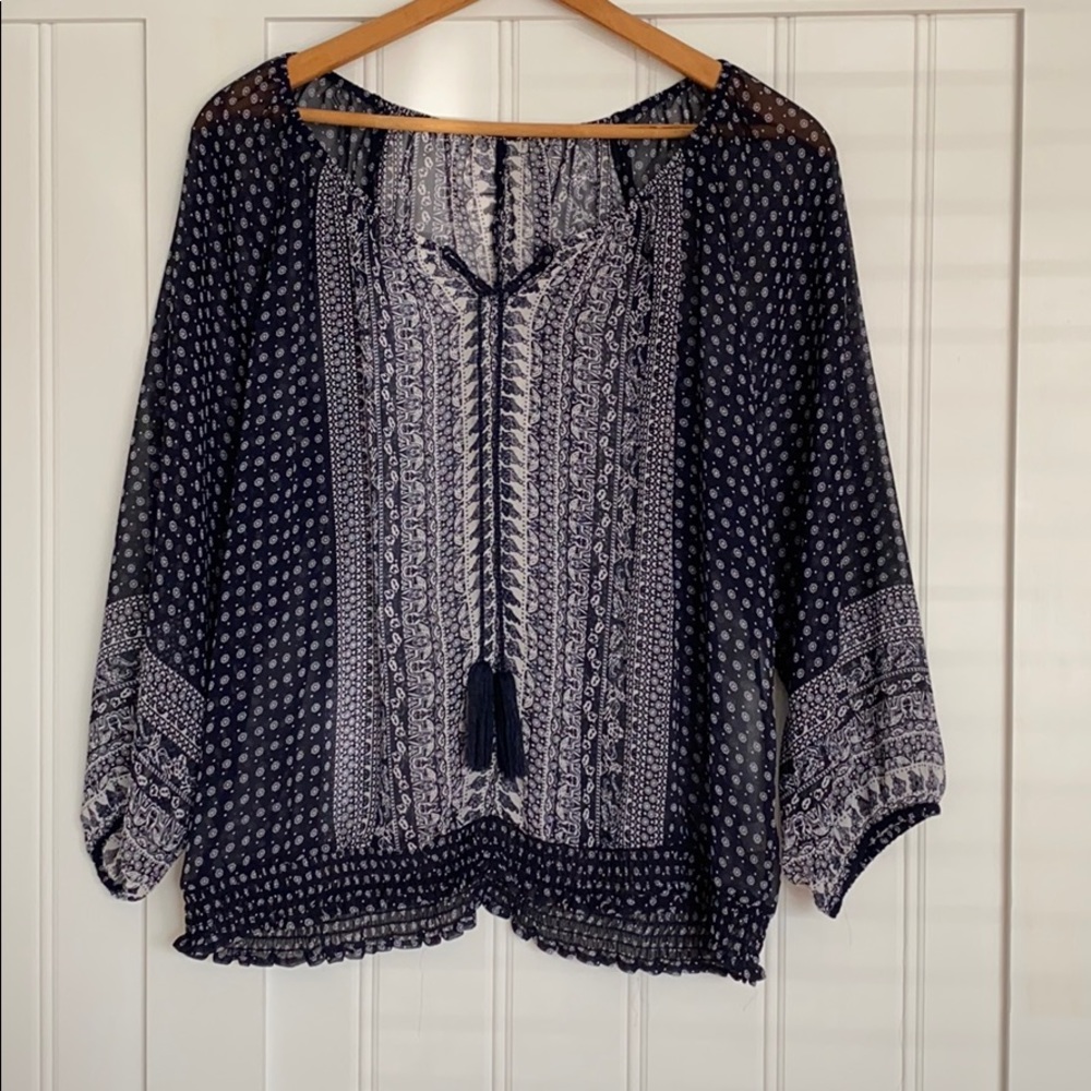 Boho Navy and White Printed Peasant Top